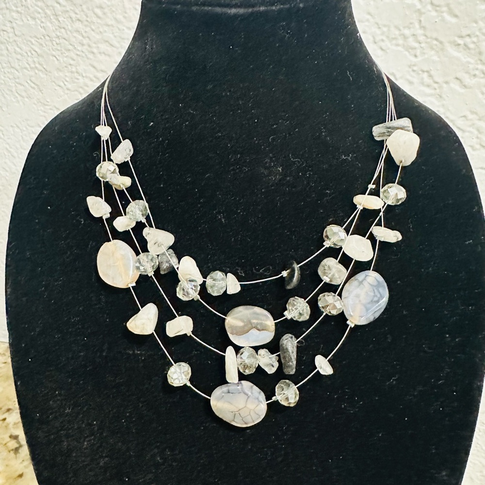 White and Gray Multi-Strand Necklace with Beads and Disc Elements